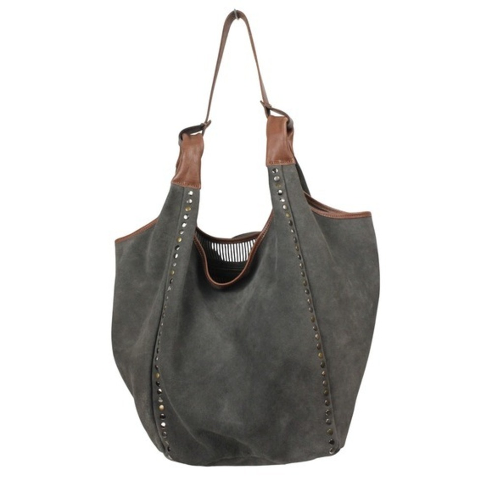 Old Trend Rose Valley Hobo Bag Gray Suede Leather Studded Oversized Slouchy